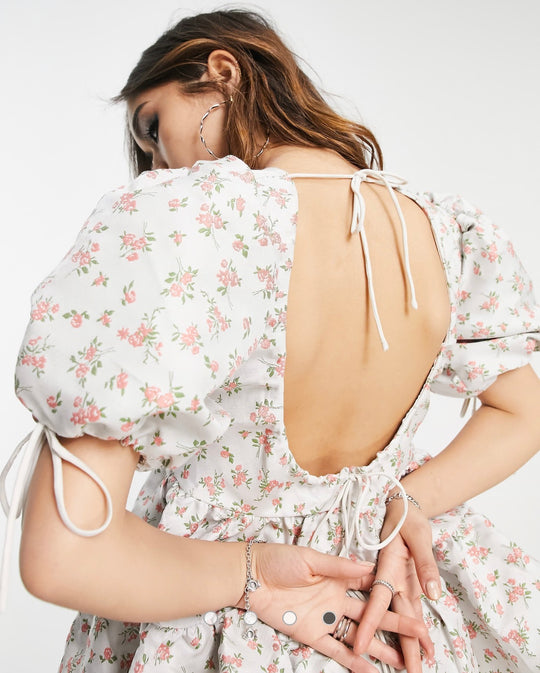 Dream Sister Jane puff sleeve mini dress with open back in ivory and rose