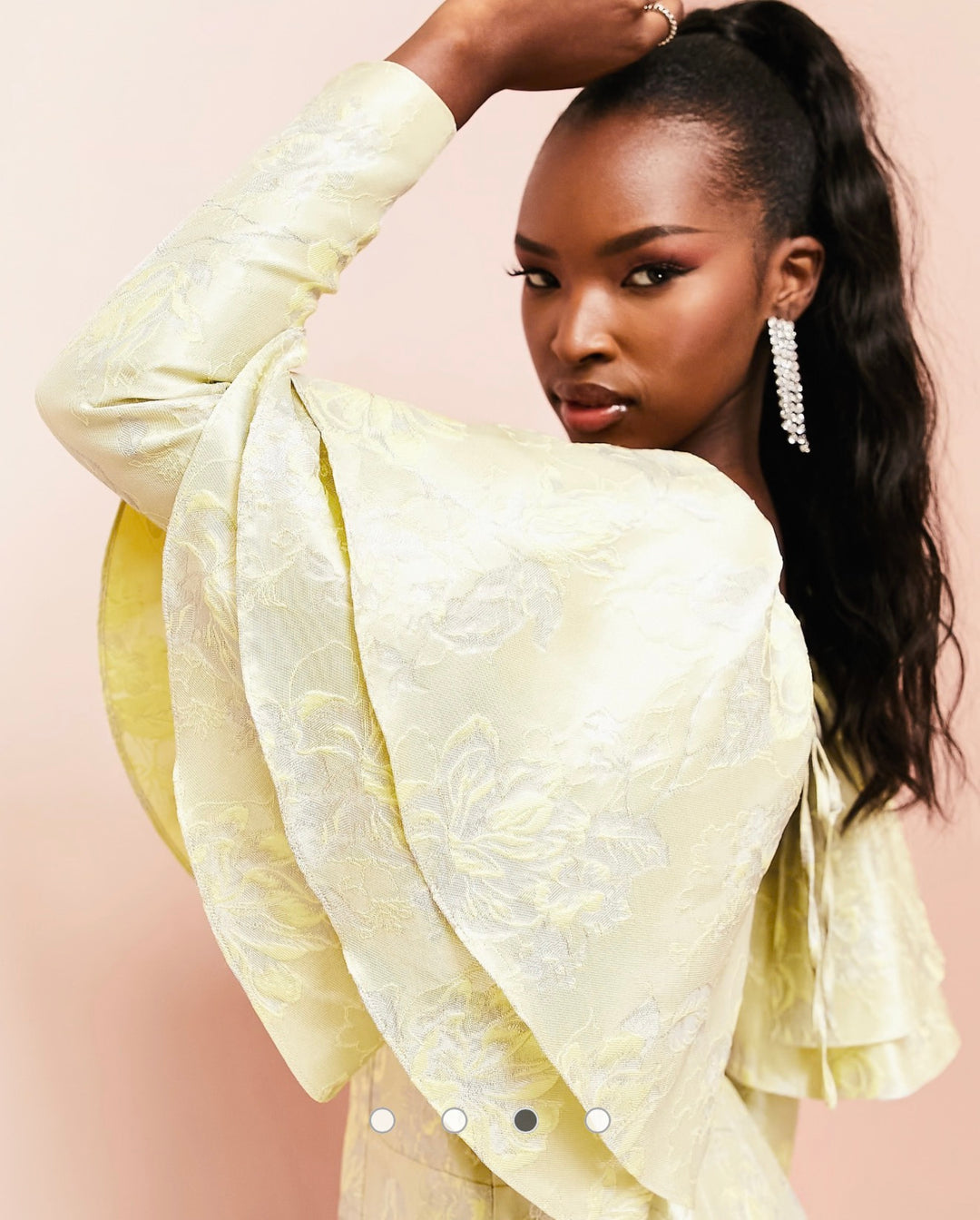 ASOS LUXE jacquard mini dress with triple ruffle shoulder in pastel yellow