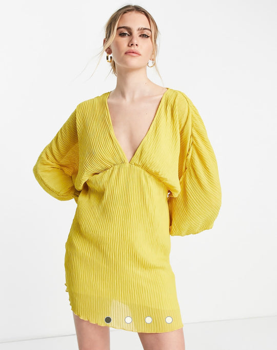 ASOS DESIGN plisserad miniklänning med batwing-ärm i senapsgult