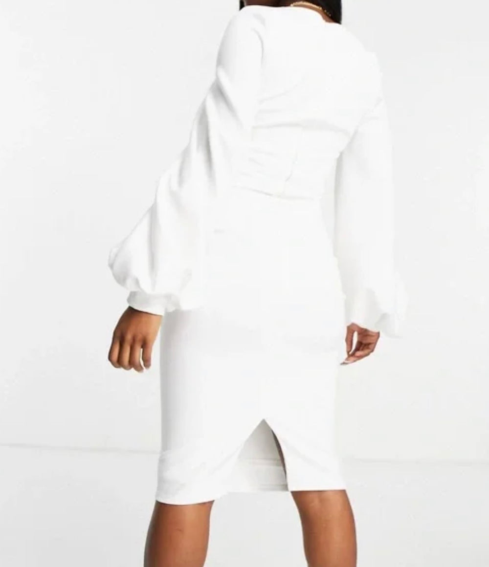 True Violet Maternity plunge balloon sleeve midi dress in white