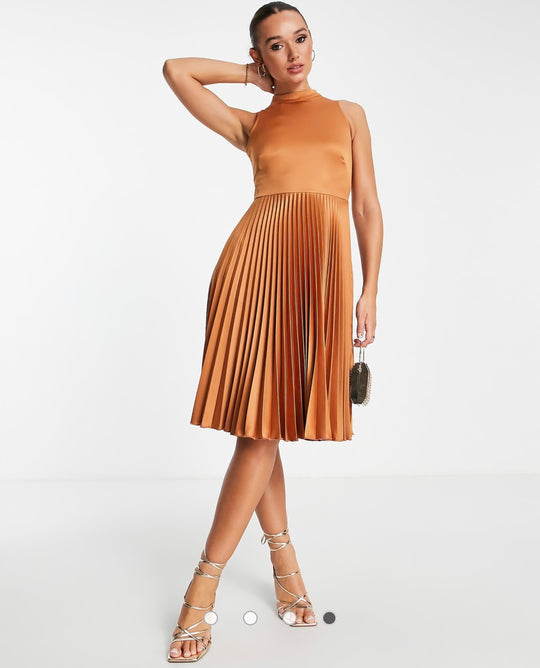 Closet London high neck pleated midi dress in rust