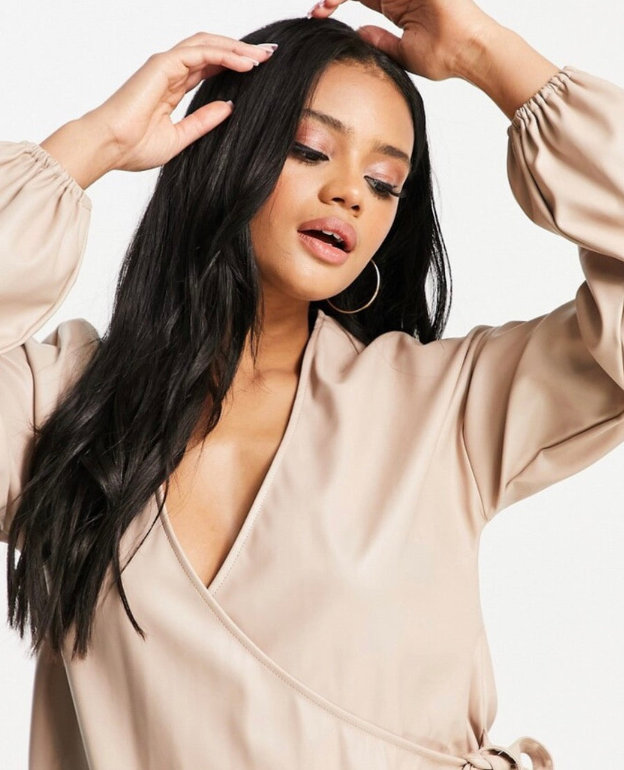 ASOS DESIGN leather look wrap front mini smock dress in stone