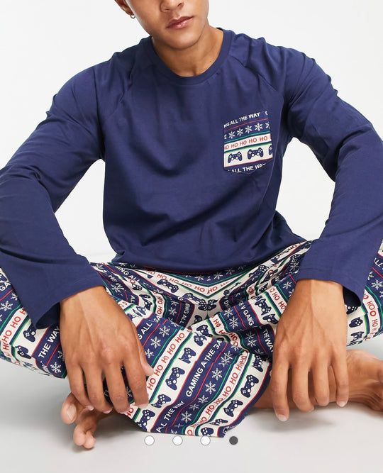 Brave Soul long gaming fairisle pyjama set in navy multi print