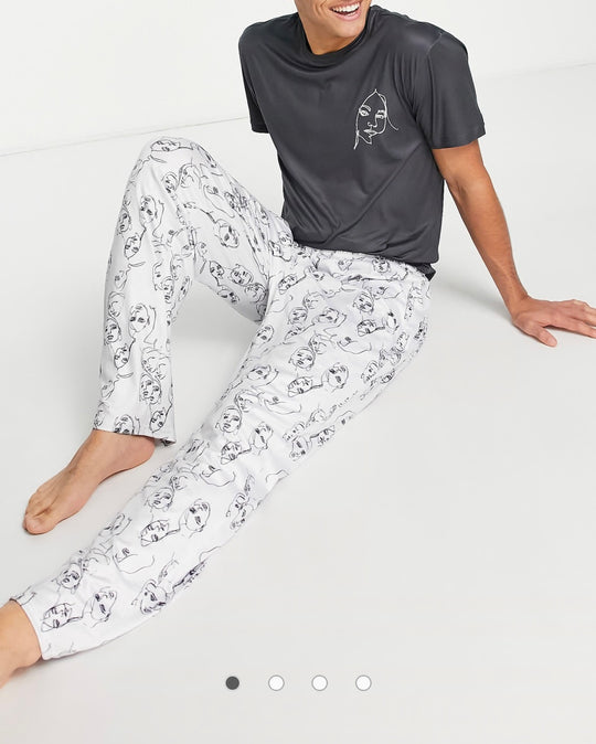 Loungeable face print long pyjama set in black and white