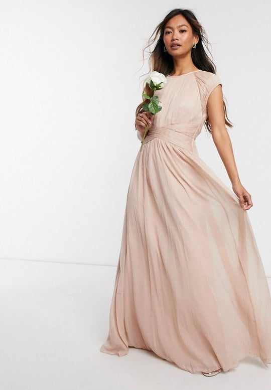 ASOS DESIGN Bridesmaid ruched bodice maxi dress with cap sleeve detail in soft blush