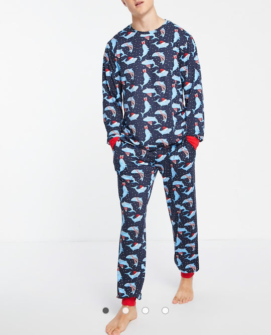 Chelsea Peers Christmas pyjama set in navy whale print