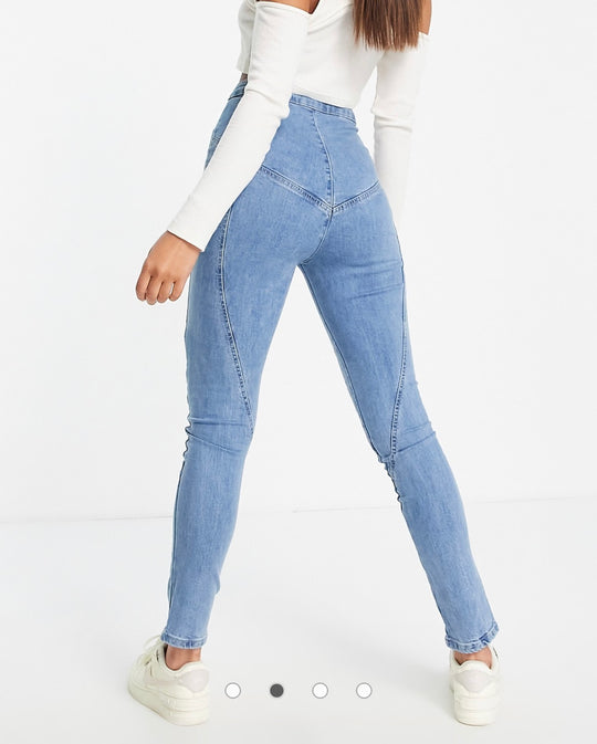 Rebellious Fashion Stretch Jeans with Contour Seam in Mid Blue
