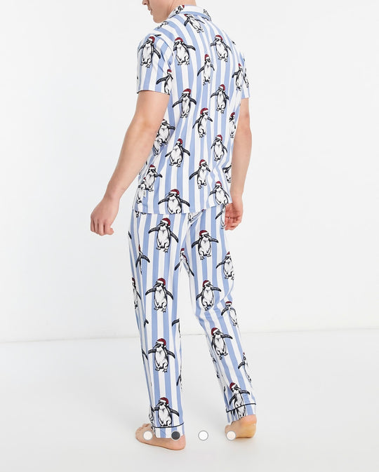 Chelsea Peers pyjamas in blue stripe with penguin print