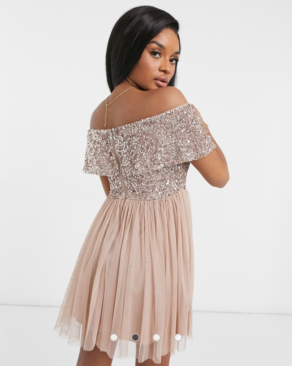 Maya Petite Bridesmaid off shoulder mini tulle dress in taupe blush