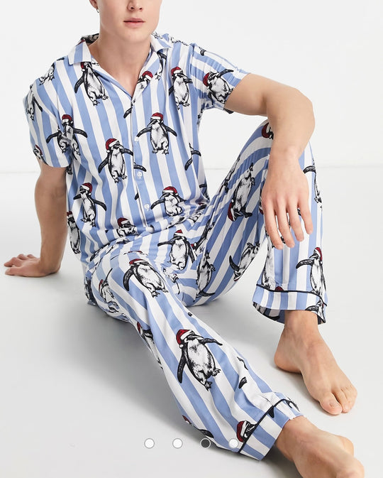 Chelsea Peers pyjamas in blue stripe with penguin print