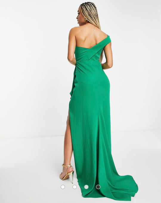 Yaura Plus one shoulder drape high low maxi dress in green