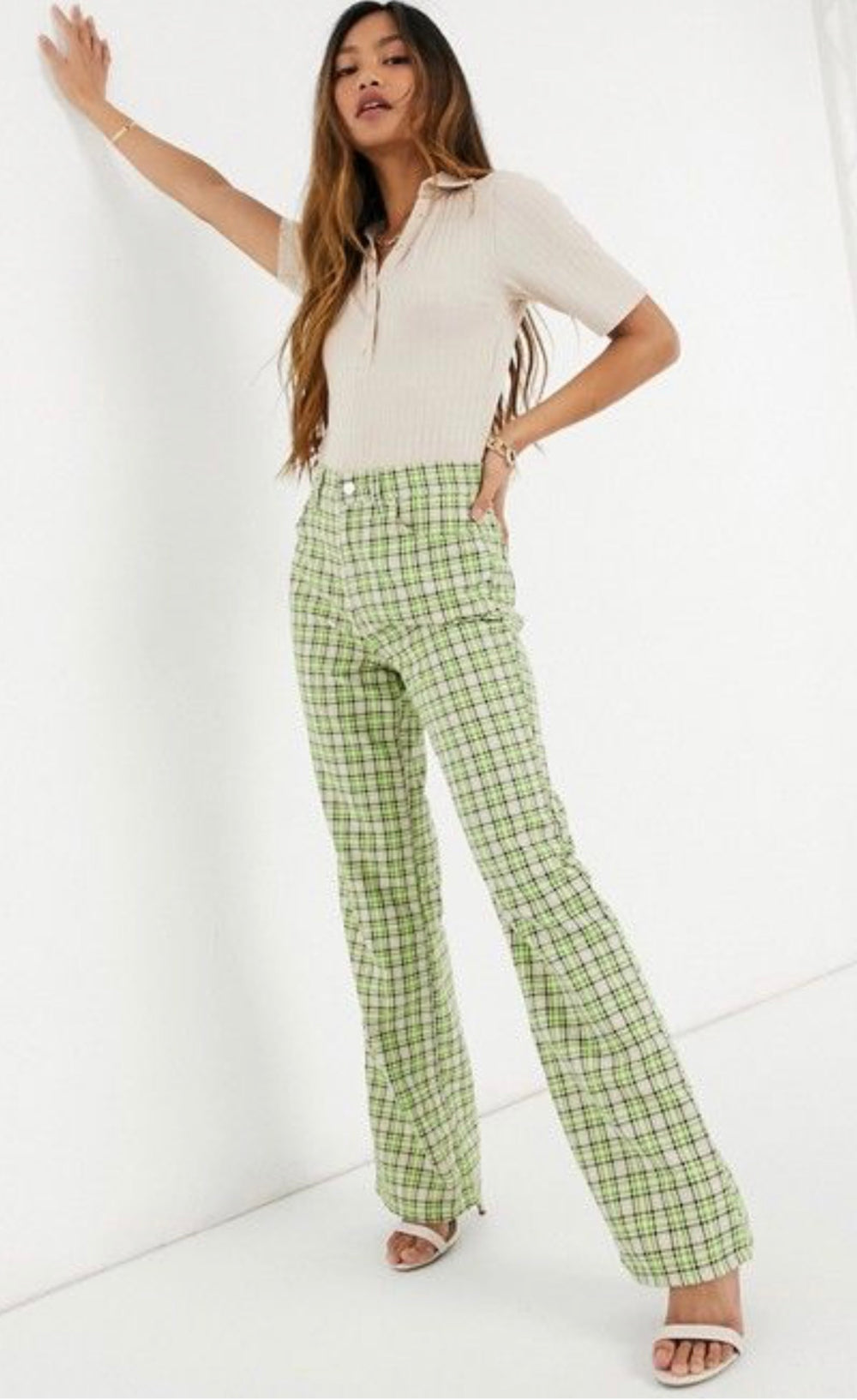 ASOS DESIGN high waisted flare trouser in lime green check