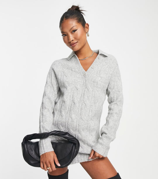 ASOS DESIGN Curve knitted cable mini dress with open collar in recycled polyester blend in grey