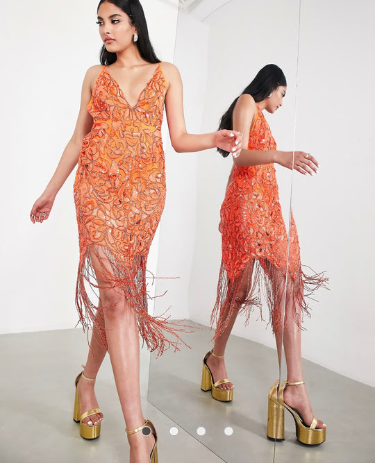 ASOS EDITION sequin cutwork cami midi dress with fringe hot orange/red