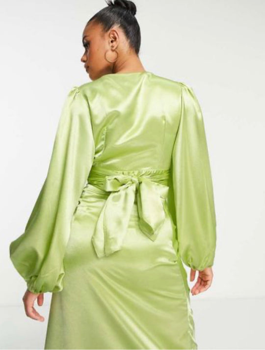 VL The Label tie up long sleeve satin top in green co-ord