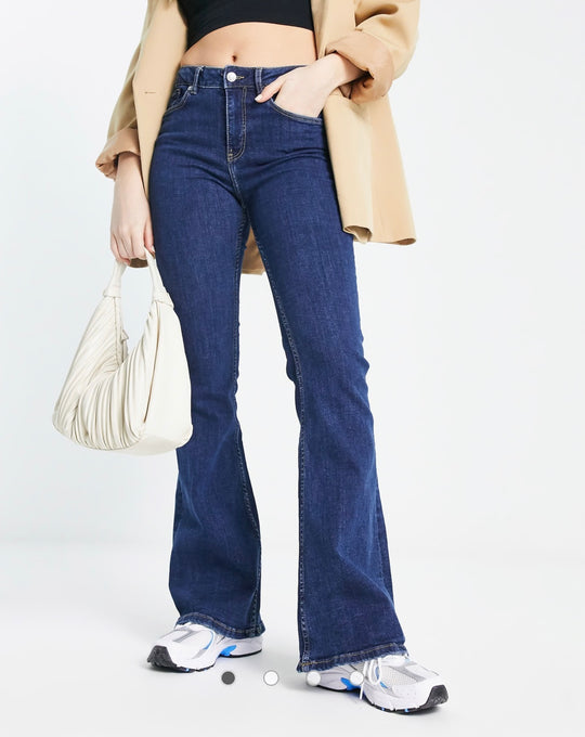 MNG Denim Regular Mid Waist Flared Jeans in Mid Blue