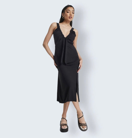 Abercrombie & Fitch cinch neck slip midi dress in black