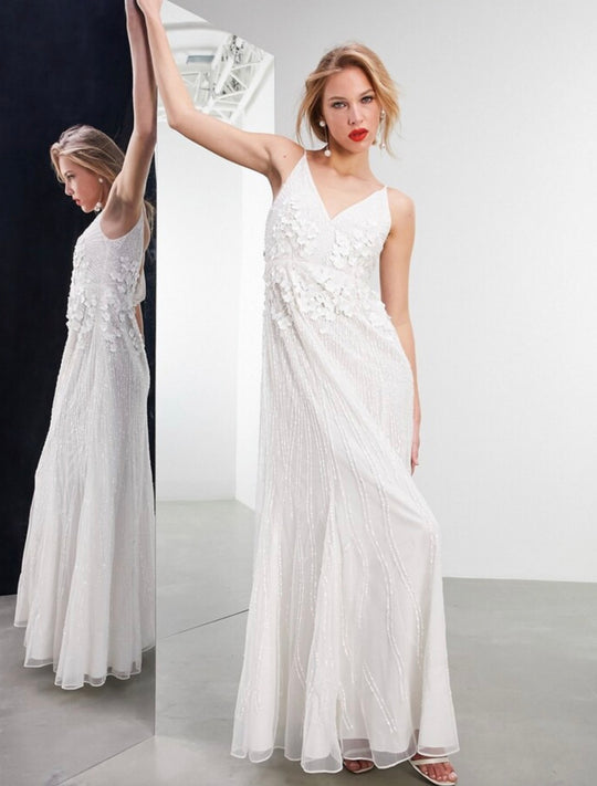 ASOS EDITION Natalia 3D floral embellished cami wedding dress in ivory