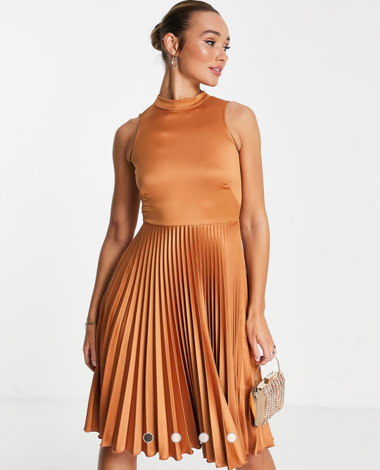 Closet London high neck pleated midi dress in rust