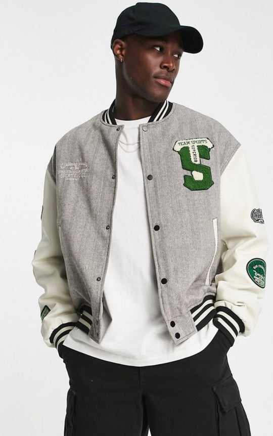 ASOS DESIGN oversized varsity jacket in a grey