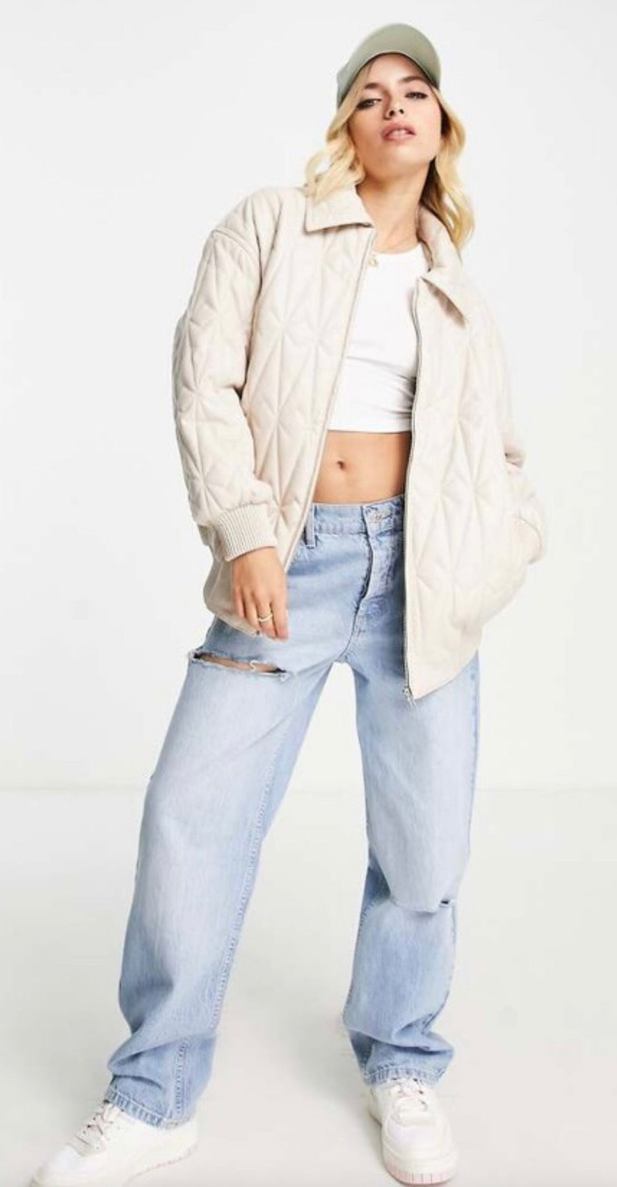 ASOS DESIGN leather look quilted bomber in cream