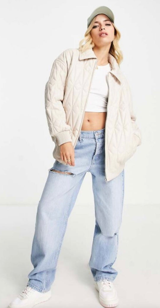 ASOS DESIGN leather look quilted bomber in cream
