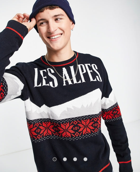 Threadbare Les Alpes crew neck christmas jumper in navy
