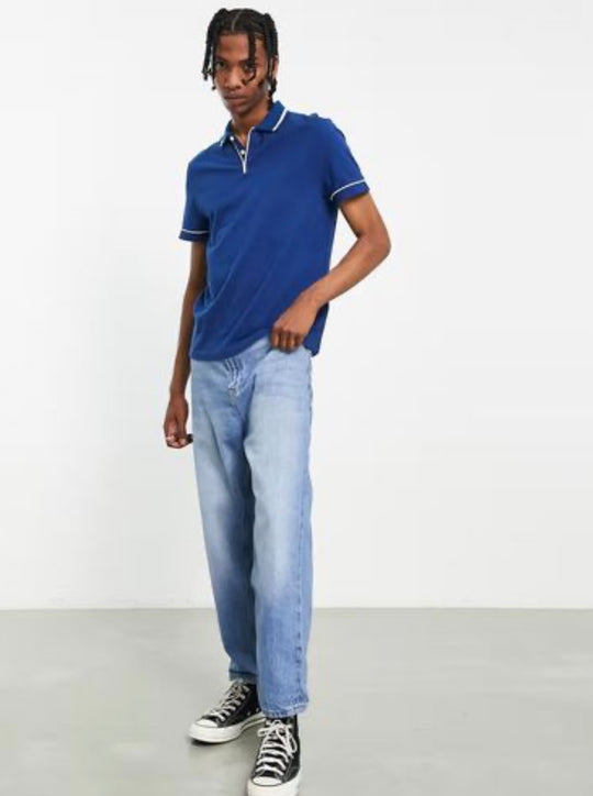 ASOS DESIGN polo with revere in navy with white trims