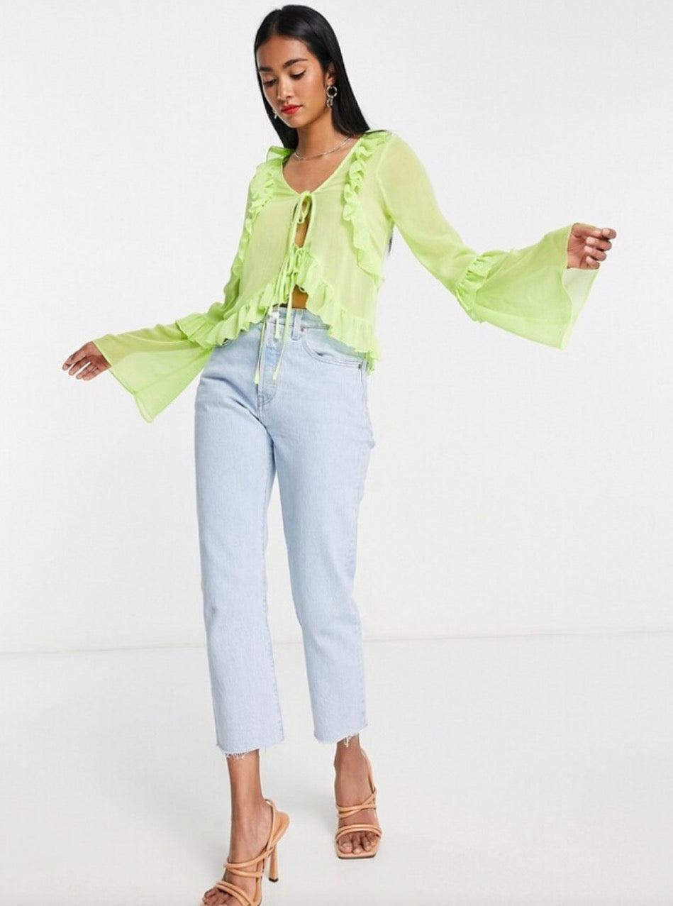 ASOS DESIGN tie front frill neck sheer blouse in lime green
