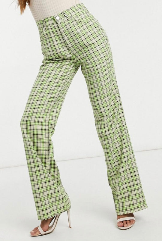 ASOS DESIGN high waisted flare trouser in lime green check