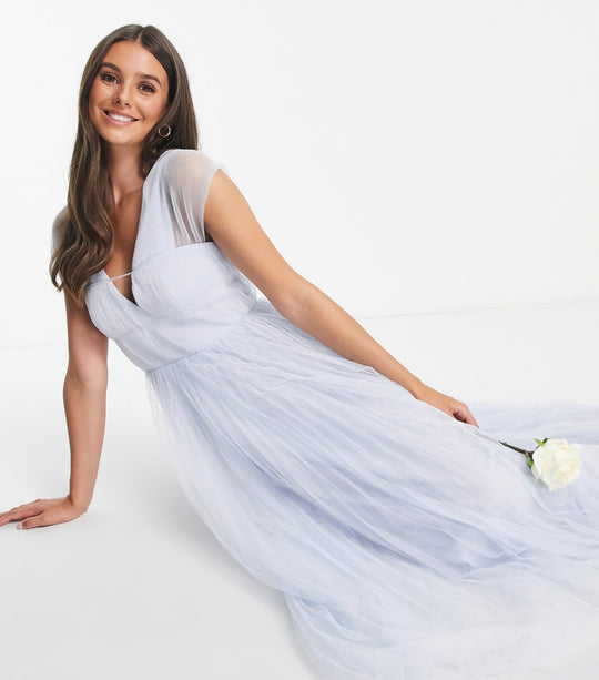 ASOS DESIGN tulle plunge maxi dress with shirred in powder blue