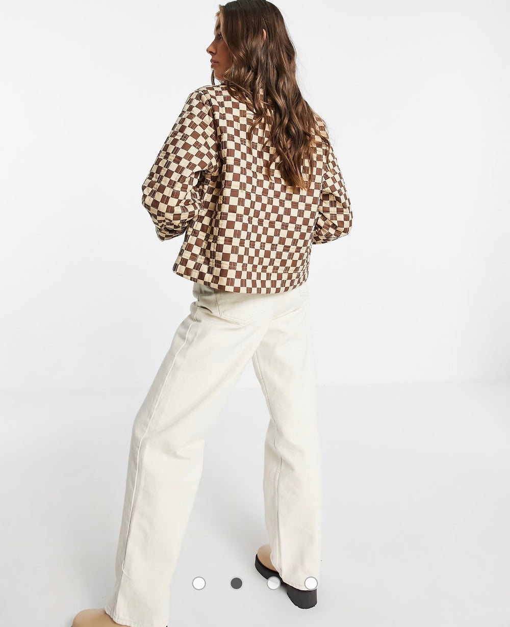 Monki Nicco cotton jacket in brown checkerboard print