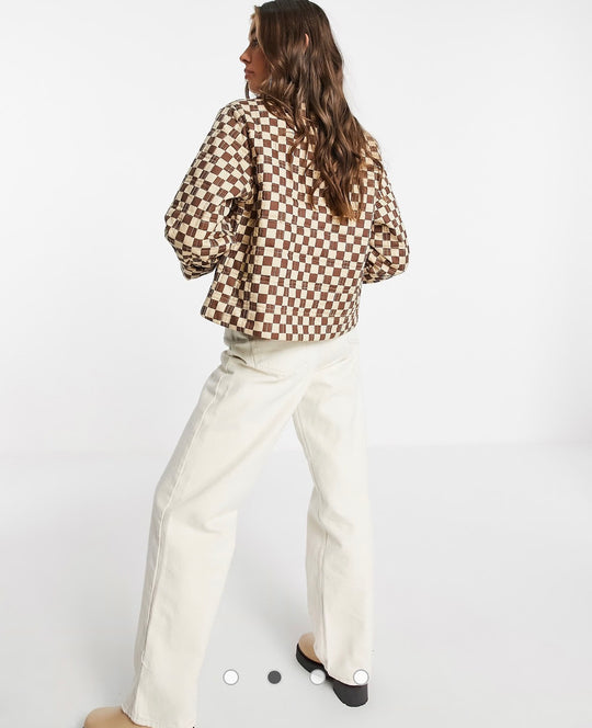 Monki Nicco cotton jacket in brown checkerboard print