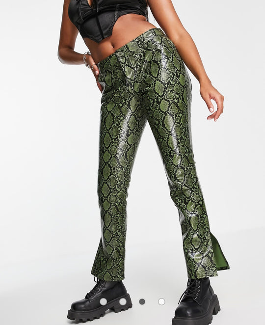ASOS DESIGN Hourglass low rise leather look straight leg trouser in green snake