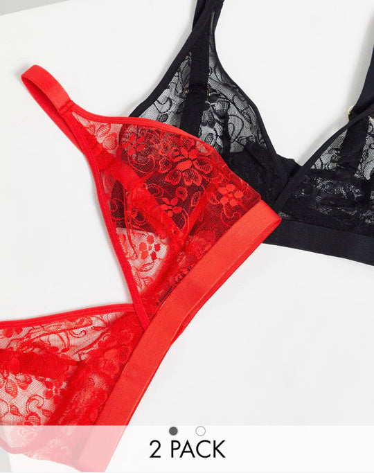 Tutti Rouge Fuller Bust 2 pack lace triangle bralette in red and black