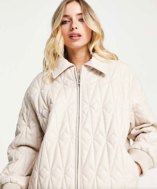 ASOS DESIGN leather look quilted bomber in cream