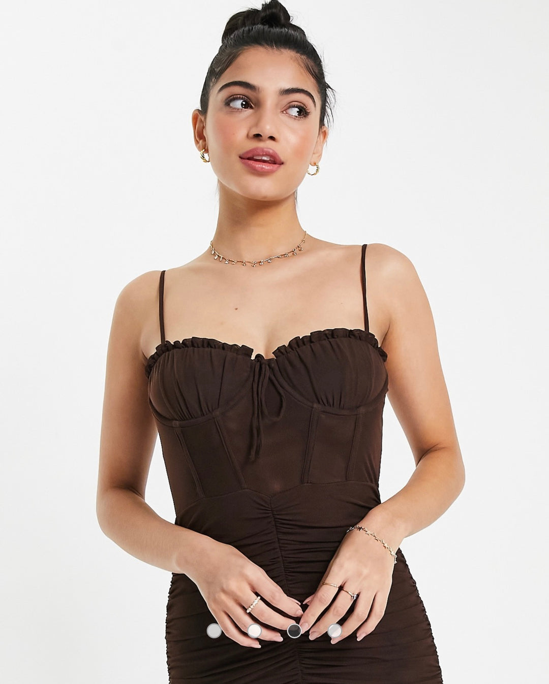 Love Triangle mesh mini dress with ruching and cupping detail in brown