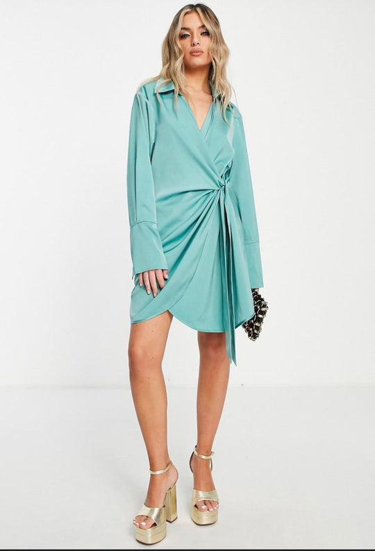 Public Desire Satin Wrap Dress in Aqua Blue