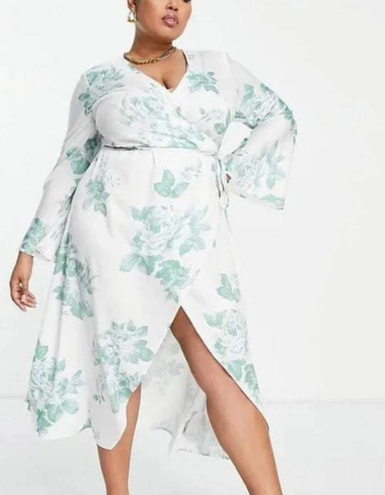 ASOS DESIGN Curve exclusive bias cut satin wrap in white with green floral