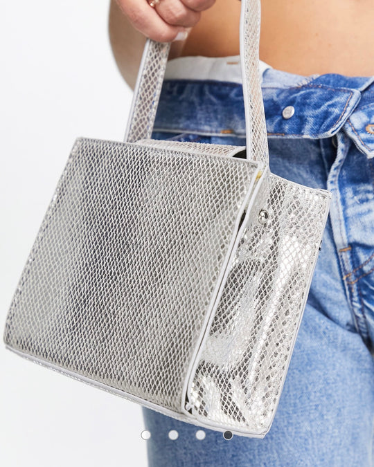 True Decadence mini grab bag in silver metallic snake