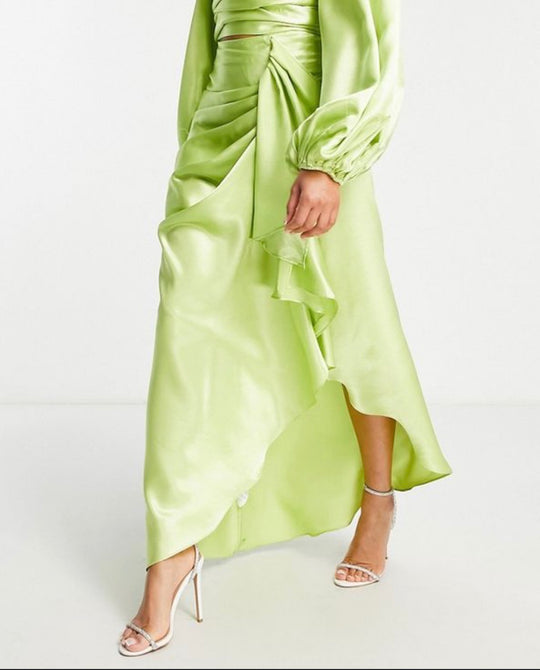 VL The Label frill satin maxi skirt in green co-ord