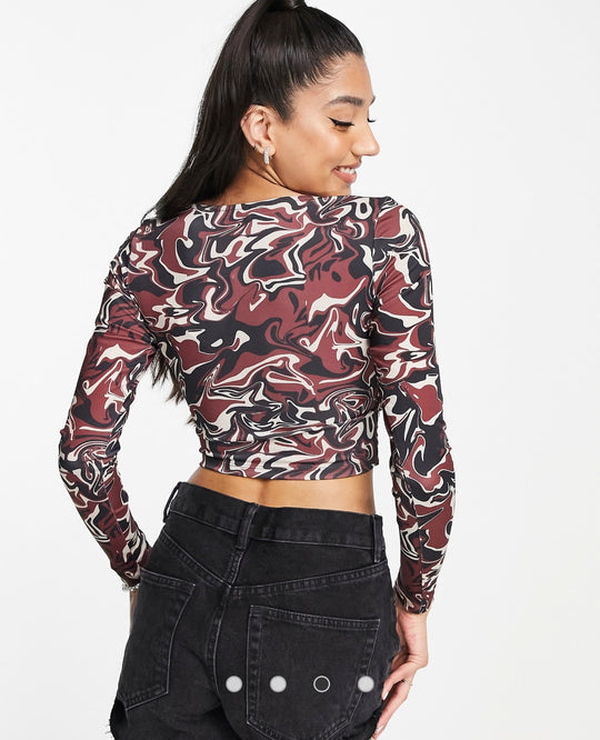Monki wrap long sleeve cropped top in brown