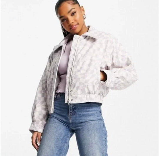 ASOS DESIGN printed leather look bomber jacket in blue