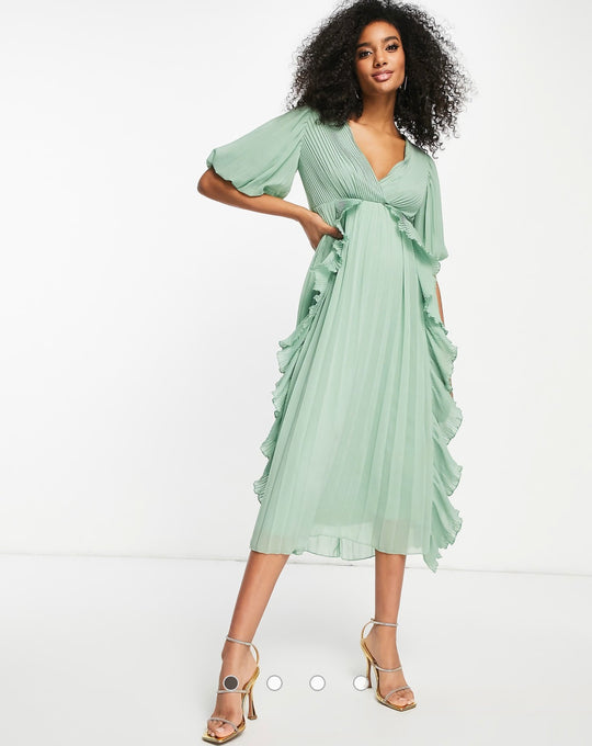 ASOS DESIGN wrap front ruffle micro pleat midi dress in sage green