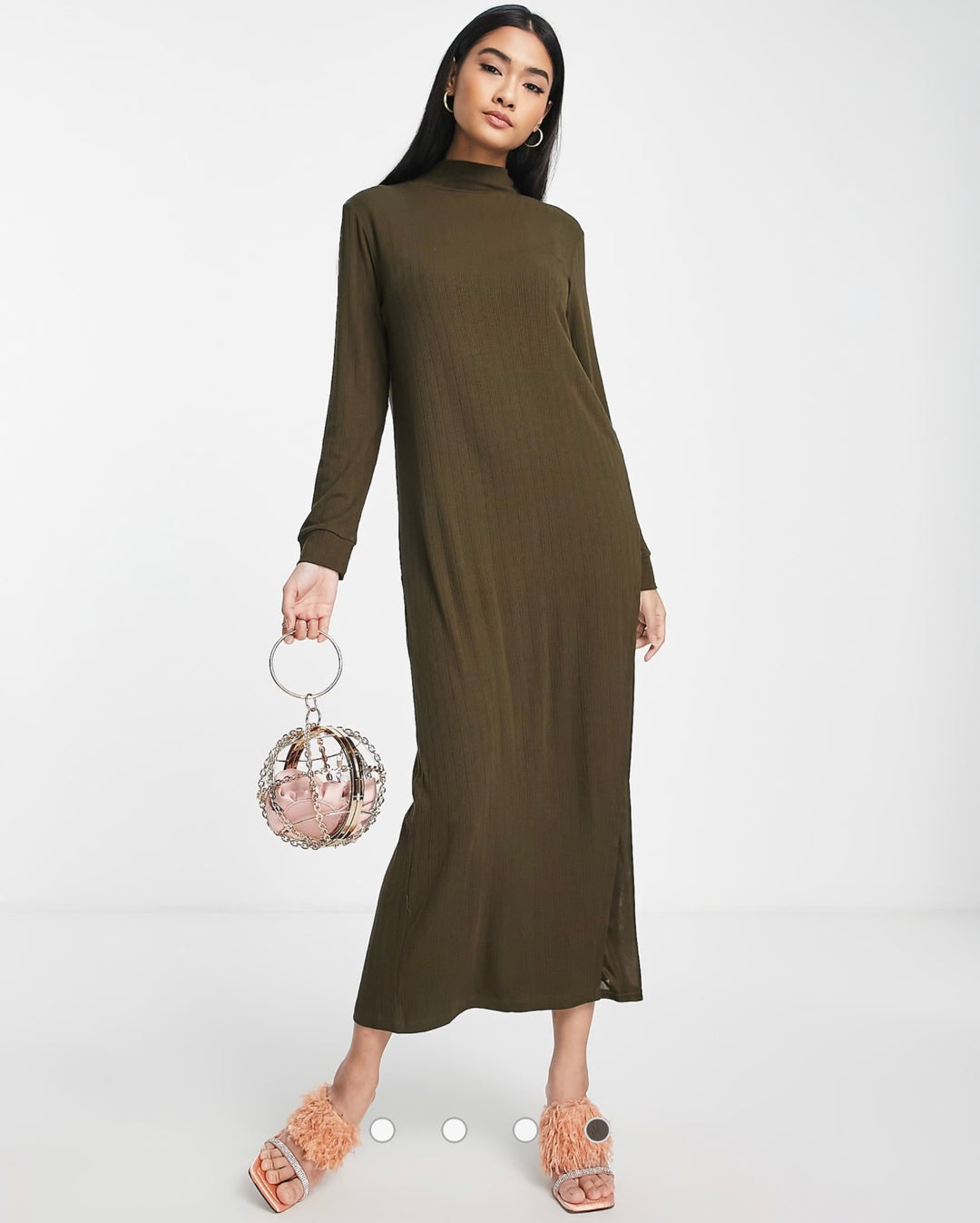 ASOS DESIGN – Khakifärgad ribbad midiklänning med lång ärm och satininlägg