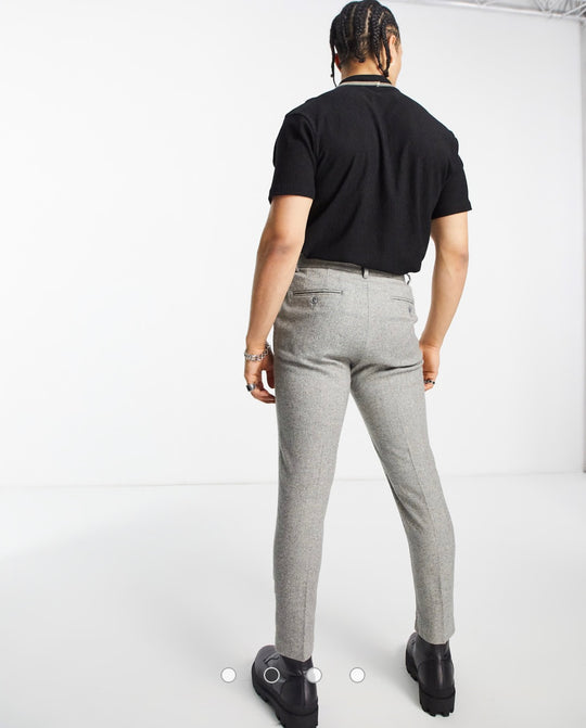 ASOS DESIGN wedding tapered wool mix smart trousers in tweed light grey