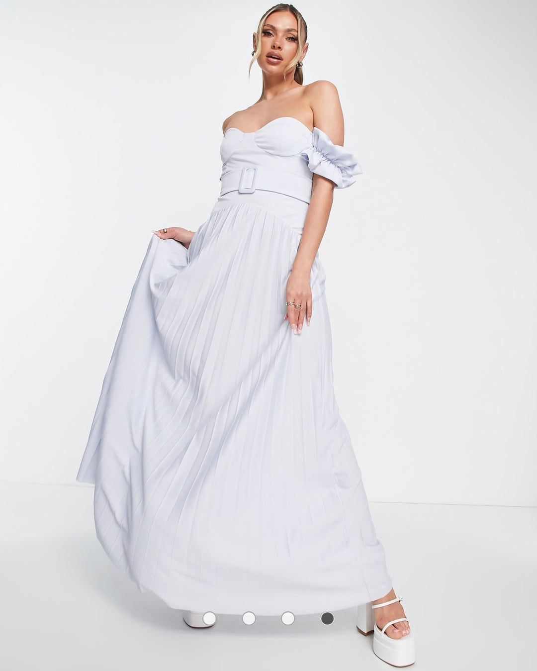 ASOS Design Bardot Belted Pleated Maxi Dress in Dusky Blue