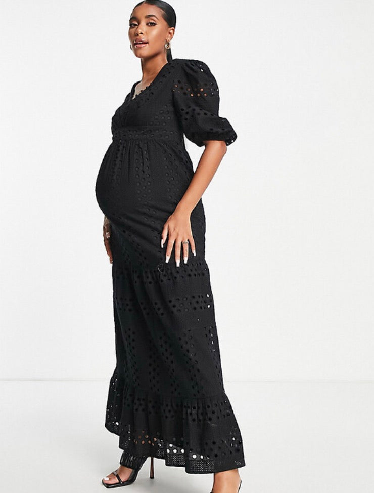 ASOS DESIGN Maternity Premium plunge broderie tiered midi dress with button neck in black