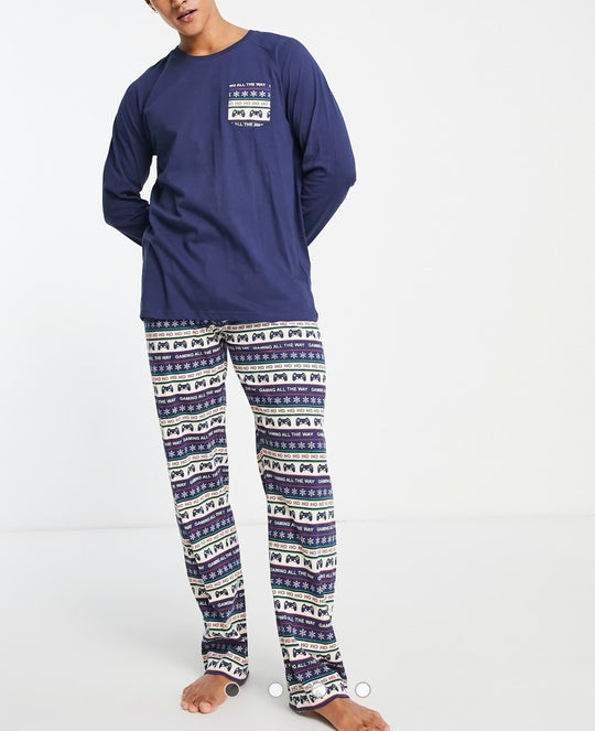 Brave Soul long gaming fairisle pyjama set in navy multi print