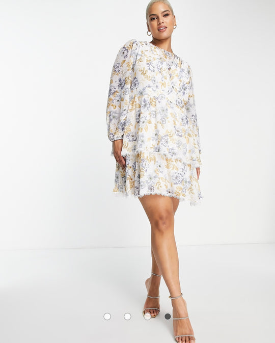 Forever New Elliot Curve trim splice dress in blue floral